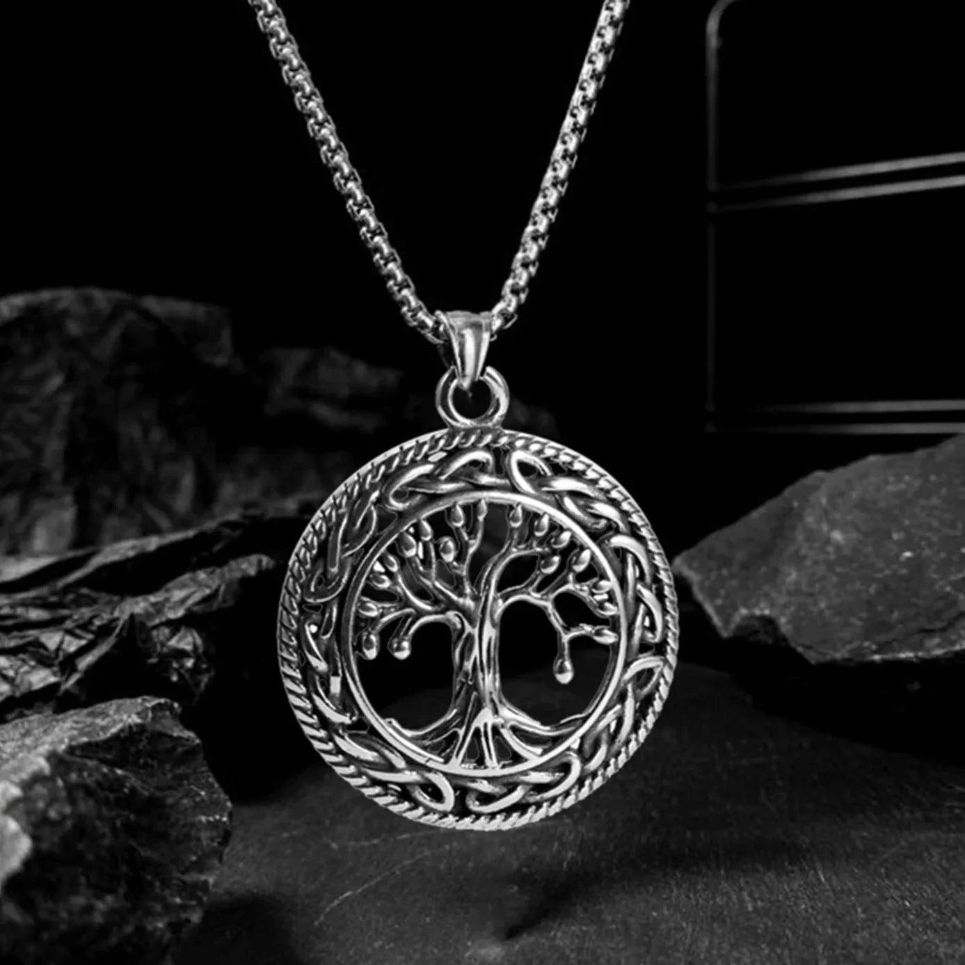 Mprainbow Tree of Life Necklaces for Men,Viking Knot Amulet Pendant with Stainless Steel Box Chain, Nordic Male Gift Jewelry - Vikingborne