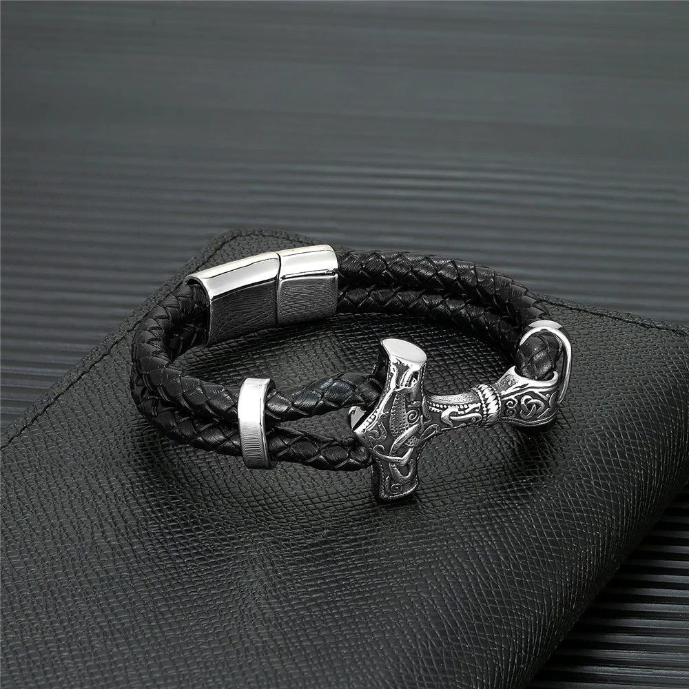 BOBO COVER Vintage Viking Thor's Hammer Leather Bracelet Mens Nordic Runes Mjolnir Wristband Punk Handmade Amulet Scandinavian Jewelry Gift - Vikingborne