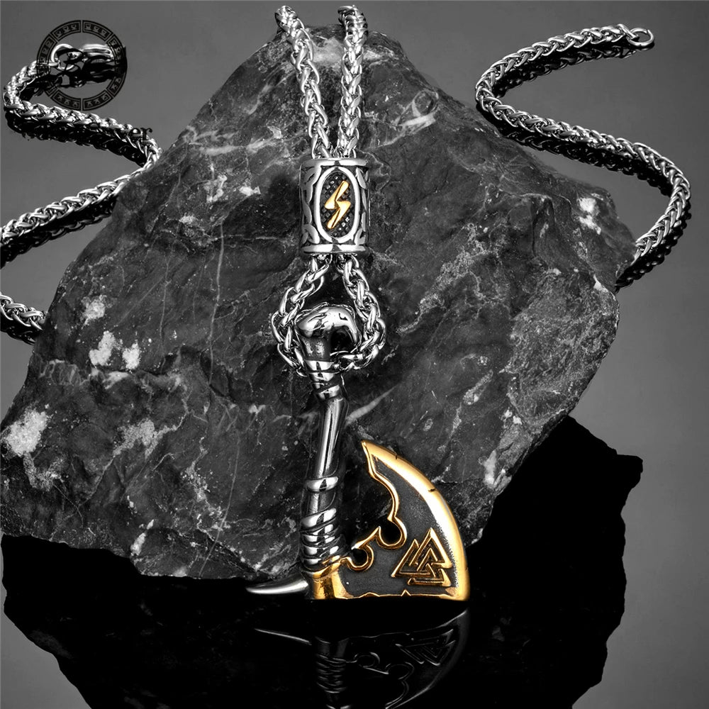 BOBO COVER Never Fade Norse Runes Vikings Ax Necklaces Men Stainless Steel Self-defense Hatchet Pendant Valknut Amulet Scandinavian Jewelry - Vikingborne