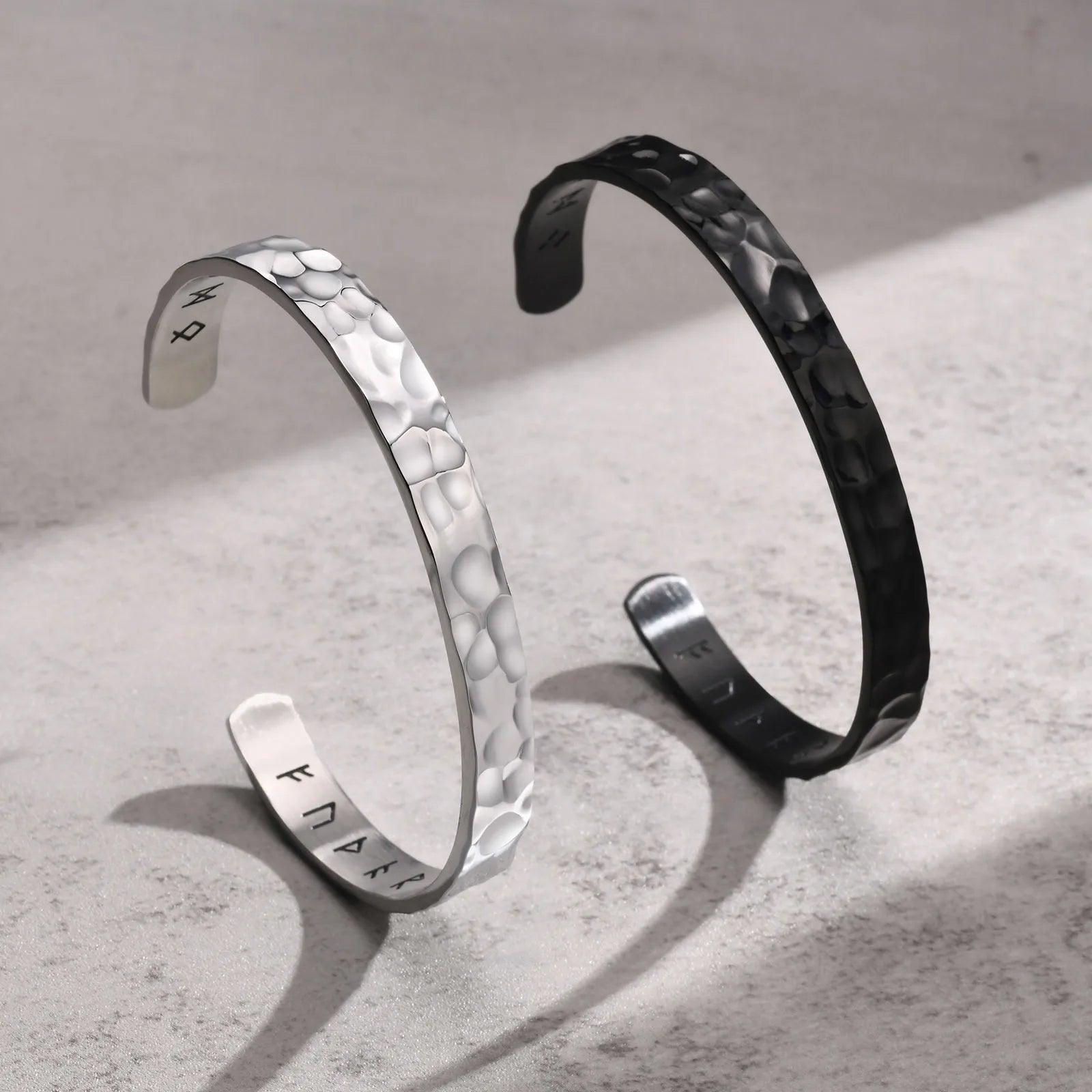 MPRAINBOW Norse Viking Runic Cuff Bangle Bracelets for Men, Rock Punk Stainless Steel Hammered Style Nordic C Cuff Arm Wristband Gifts - Vikingborne
