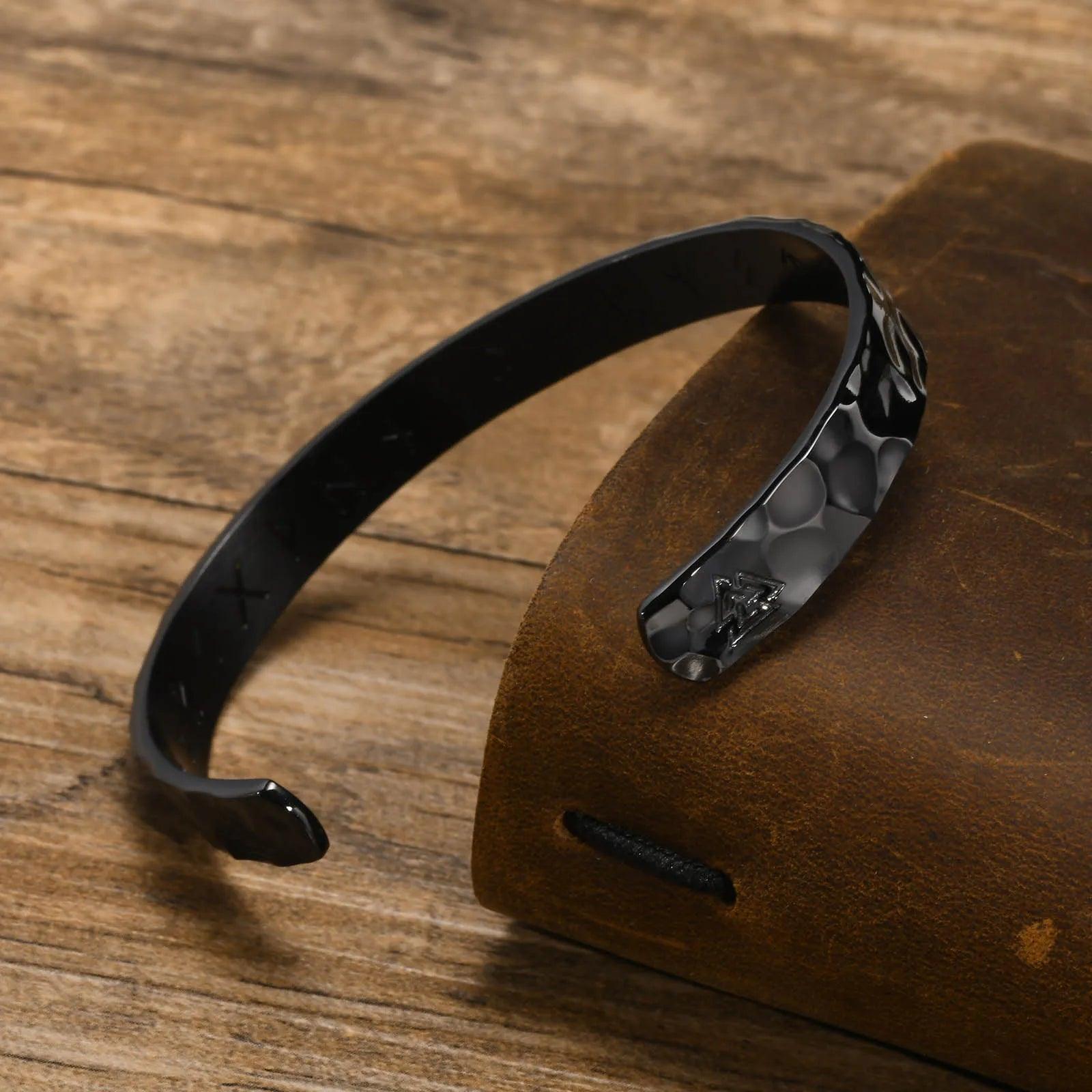 MPRAINBOW Norse Viking Runic Cuff Bangle Bracelets for Men, Rock Punk Stainless Steel Hammered Style Nordic C Cuff Arm Wristband Gifts - Vikingborne
