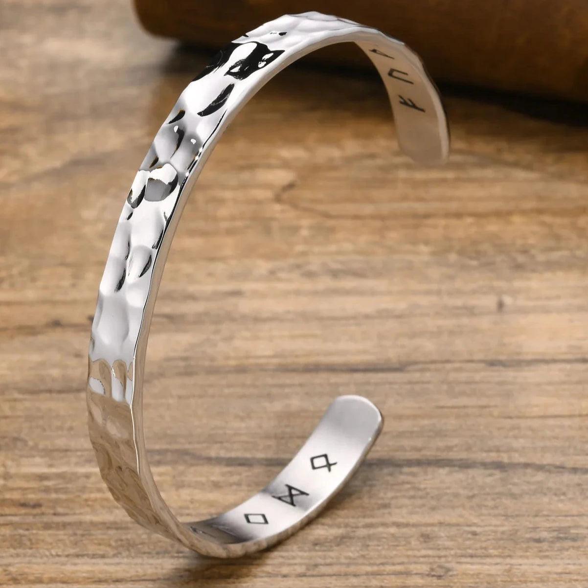 MPRAINBOW Norse Viking Runic Cuff Bangle Bracelets for Men, Rock Punk Stainless Steel Hammered Style Nordic C Cuff Arm Wristband Gifts - Vikingborne