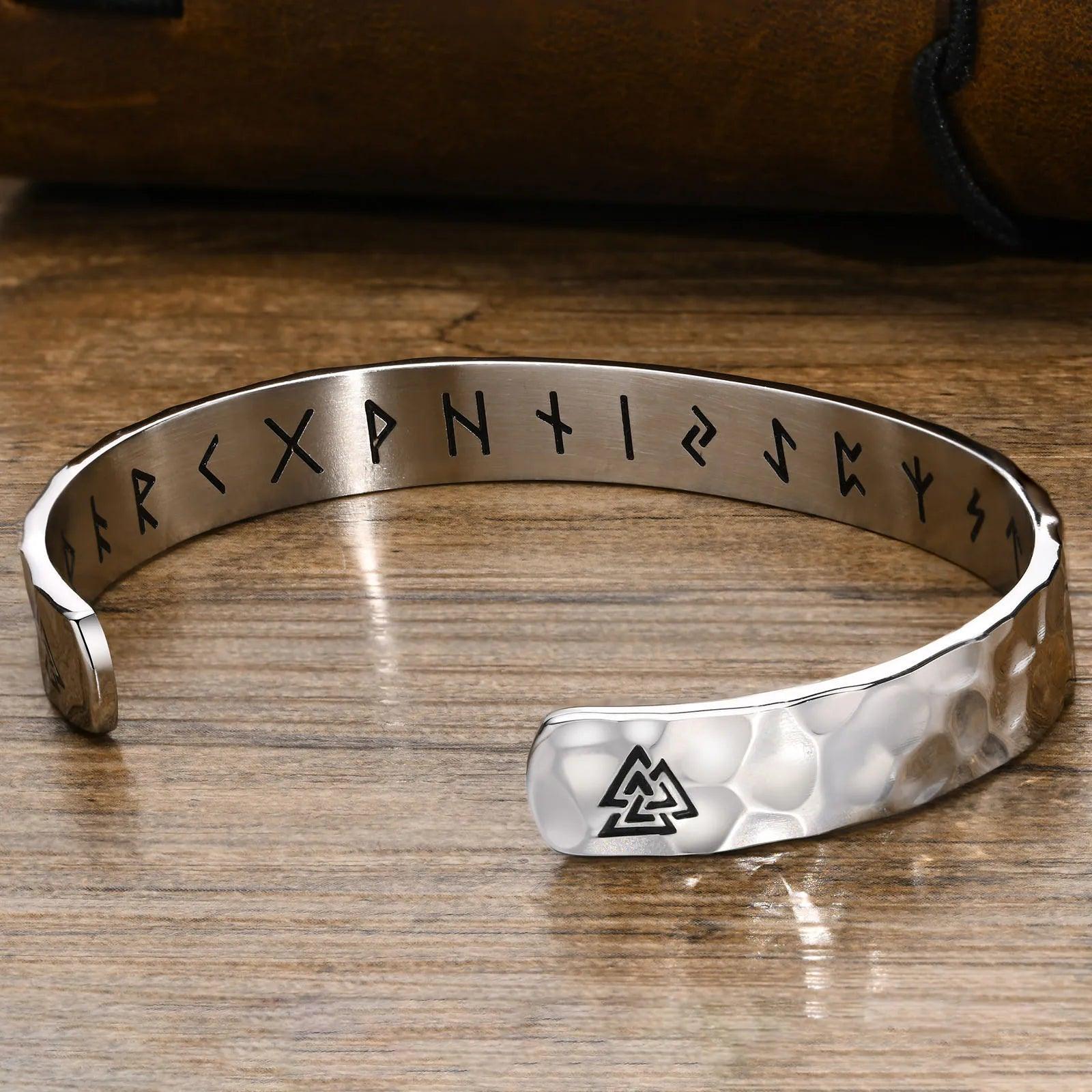 MPRAINBOW Norse Viking Runic Cuff Bangle Bracelets for Men, Rock Punk Stainless Steel Hammered Style Nordic C Cuff Arm Wristband Gifts - Vikingborne