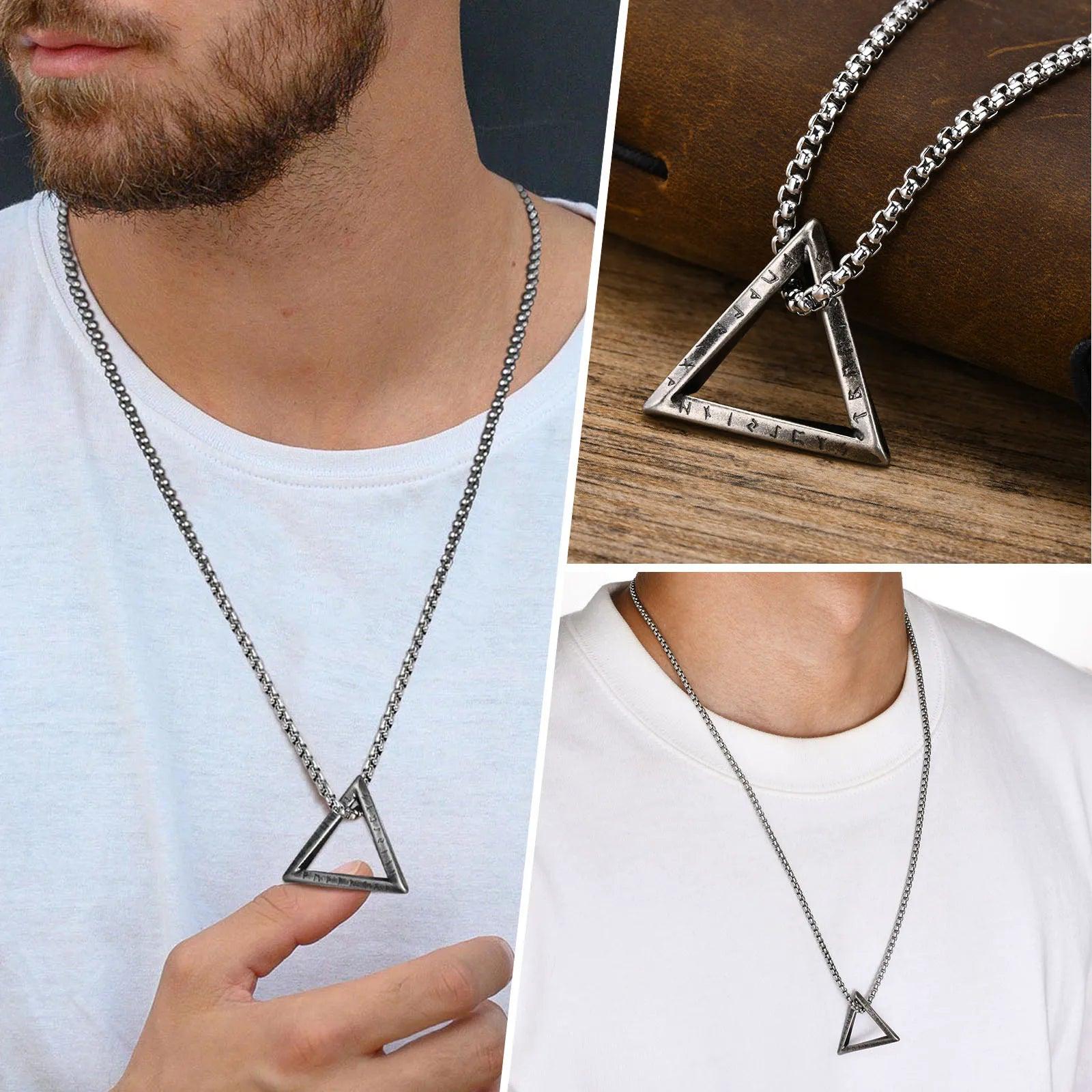 MPRAINBOW  Men's Norse Viking Necklaces for Boys,Waterproof Stainless Steel Triangle Geometric Pendant Amulet Collar, 55/60/70cm Box Chain - Vikingborne